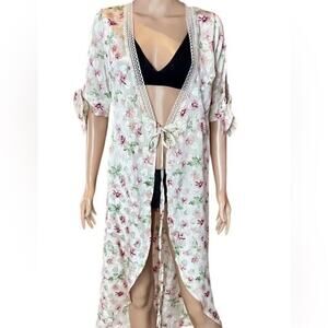 Top Shop Floral Satin Robe Women's Size 10 Lace & Ties On Sleeves Tie Front